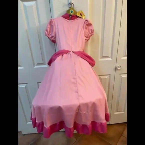 Princess Peach Costume With Crown Fits 6-8 Yo - From Nintendo Super Mario - Picture 2 of 4